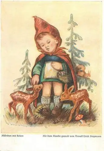 Arnulf signed children drawing Postcard Madchen mit Rehen
