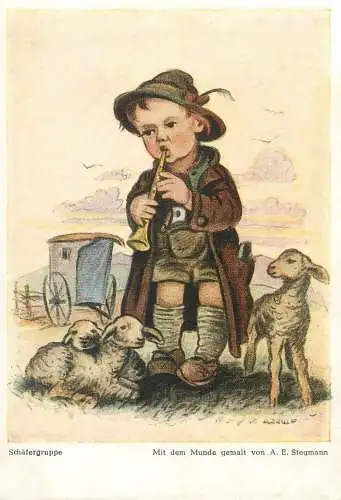 Arnulf signed children drawing Schafergruppe Postcard playing flute shepherd boy to lambs
