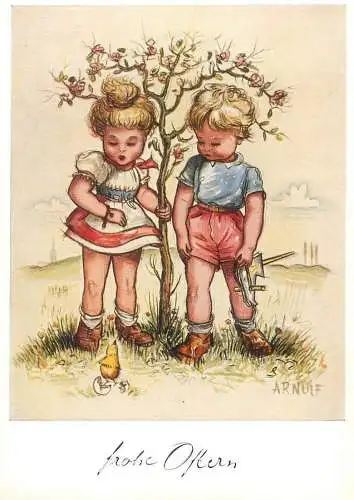 Arnulf signed children drawing Frohe Ostern Postcard romantic lovers couple