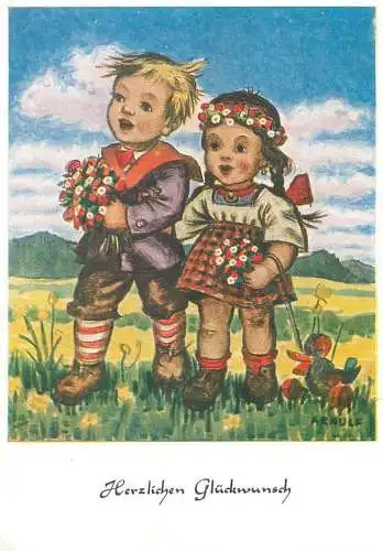 Arnulf signed children drawing Herzlichen Gluckwunsch Postcard ethnic types couple romance folklore clothing
