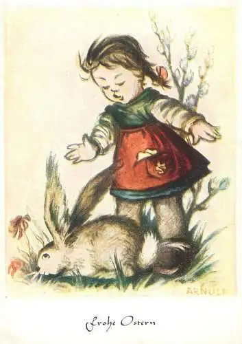 Arnulf signed children drawing Frohe Ostern Postcard young girl with rabbit