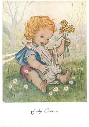 Arnulf signed children drawing Frohe Ostern Postcard flower picking little girl playing with rabbit