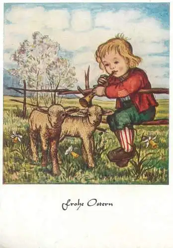 Arnulf signed children drawing Frohe Ostern Postcard young boy playing flute to lambs