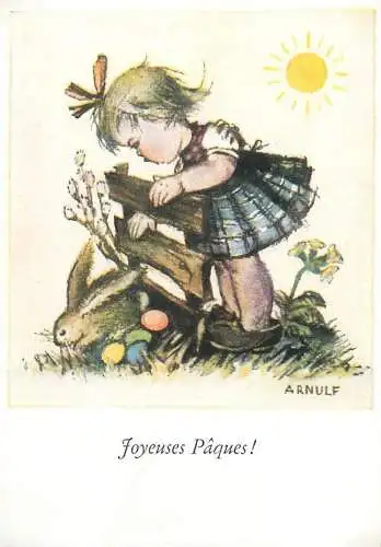 Arnulf signed children drawing Joyeueses Paques Postcard little girl looking for painted eggs