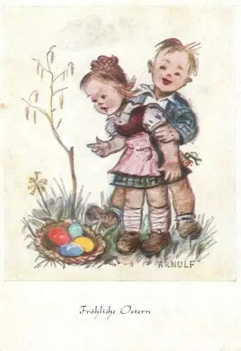 Arnulf signed children drawing Frohliche Ostern Postcard romance couple types painted eggs hunt