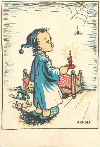 Arnulf signed children drawing Postcard boy going to sleep scared by spider