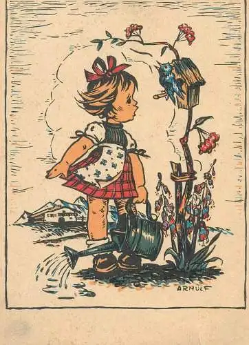 Arnulf signed children drawing Postcard countryside girl with water can