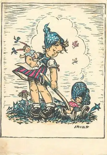 Arnulf signed children drawing Postcard countryside girl with dolls playing house