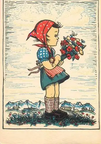 Arnulf signed children drawing Postcard countryside woman with flower bouquet traditional clothing