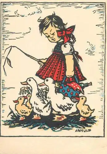 Arnulf signed children drawing Postcard countryside girl with geese