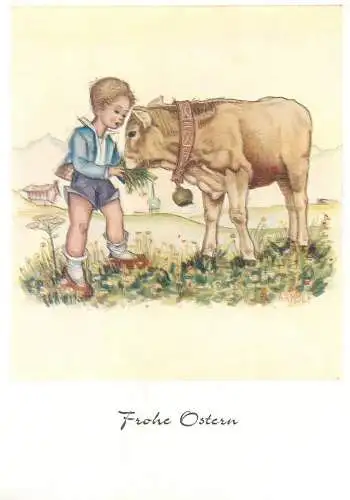 Arnulf children drawing Frohe Ostern Postcard young boy feeding cow countryside types and scenes