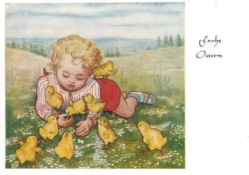 Arnulf children drawing Frohe Ostern Postcard young boy with chicken poultry