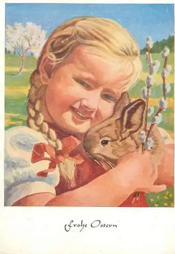 Arnulf children drawing Frohe Ostern Postcard young girl pigtails coiffure with rabbit