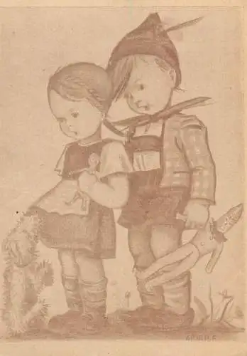 Drawn caricature Arnulf signed vintage Postcard couple types folklore clothing
