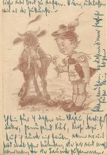 Drawn caricature Arnulf signed vintage Postcard peasant woman with cow folklore clothing