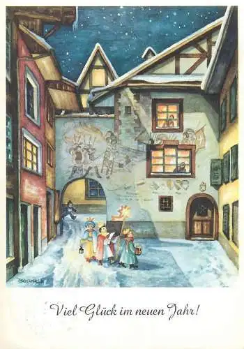 Drawn children caricature Postcard Gesgnete Weihnacht trumpet playing angel types