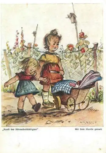 Drawn children caricature signed Arnulf Postcard girl with her mother and little baby brother