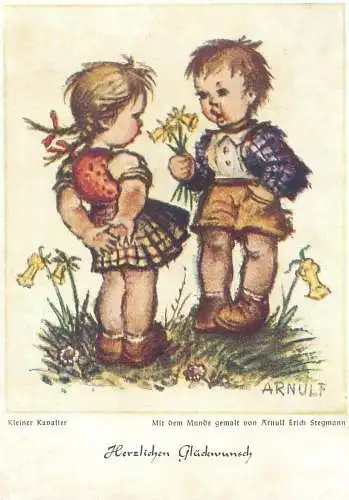 Drawn children caricature signed Arnulf humorous Postcard Herzlichen Gluckwunsch romance couple types