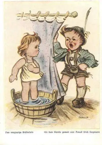 Drawn children caricature signed Arnulf comic humour Postcard Das neugierige Brüderlein