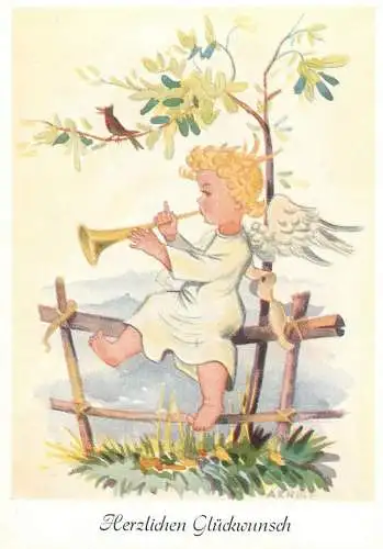 Herzlichen Gluckwunsch Drawn children caricature signed Arnulf Postcard trumpet playing angel