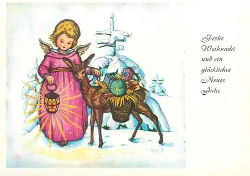 Frohe Weihnacht und gluckliches Neues Jahr Drawn children caricature signed Arnulf Postcard angel with deer