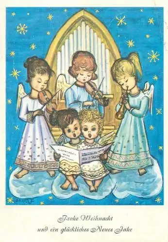 Frohe Weihnacht und gluckliches Neues Jahr Drawn children caricature signed Arnulf Postcard angel choir