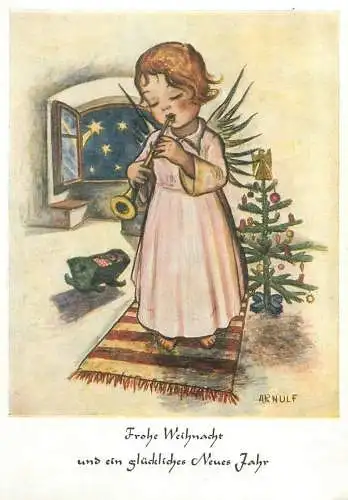 Frohe Weihnacht und gluckliches Neues Jahr Drawn children caricature signed Arnulf Postcard angel playing trumpet