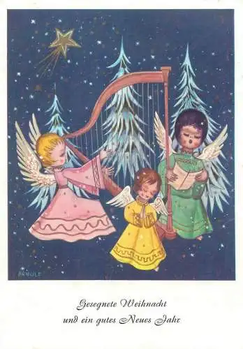 Frohe Weihnacht und gutes Neues Jahr Drawn children caricature signed Arnulf Munde gemalt Postcard angels playing harp