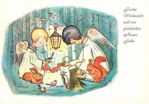 Frohe Weihnacht und gluckliches Neues Jahr Drawn children caricature signed Arnulf Munde gemalt Postcard