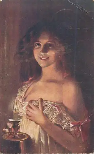 Beauty with candle in the night 1917 czech artist postcard risque