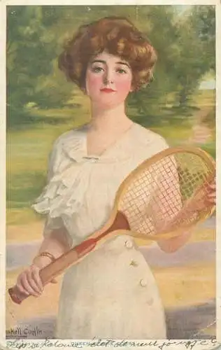 Tennis drawn beauty lady artist postcard 1917