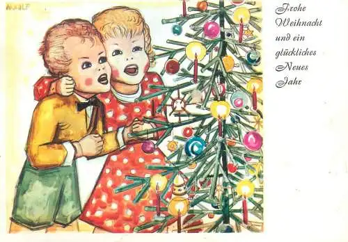 Drawn children caricature signed Arnulf Munde gemalt Frohe Weihnacht decorated Christmas tree Postcard
