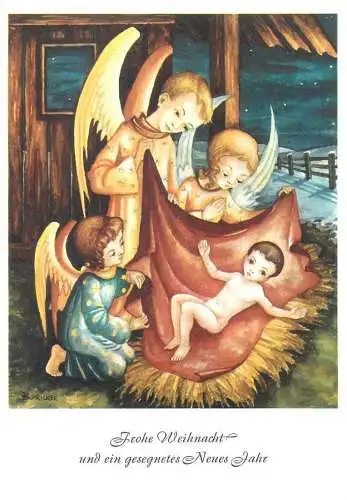 Drawn children caricature signed Arnulf Munde gemalt Frohe Weihnacht und ein gesegnetes Neues Jahr Nativity Postcard