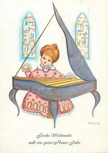 Drawn lady playing piano caricature signed Arnulf Munde gemalt Frohe Weihnacht und ein gutes Neues Jahr Postcard