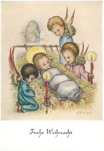 Drawn children caricature signed Arnulf Munde gemalt Frohe Weihnacht Postcard Nativity scene