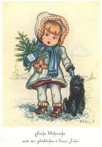 Drawn children caricature signed Arnulf Munde gemalt Post card Frohe Weihnacht und ein gluckliches Neues Jahr