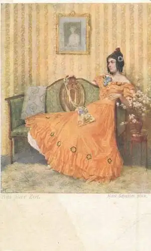 Karl Schuster pinx - frau aus alter Zeit Wiener Kunst Postkarte k.u.k. Zensuriert