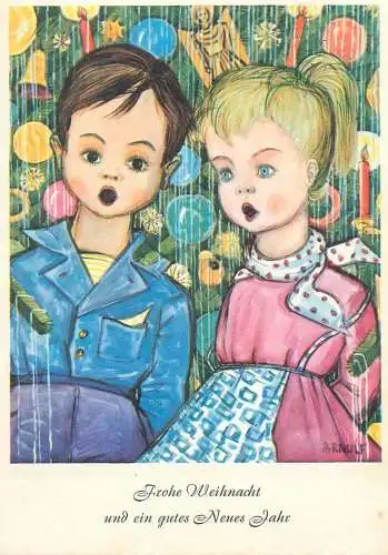Drawn children caricature signed Arnulf Munde gemalt Postcard Frohe Weihnacht und ein gutes Neues Jahr carollers