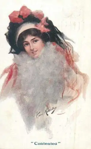 Contented drawn beauty glamour lady artist postcard 1914