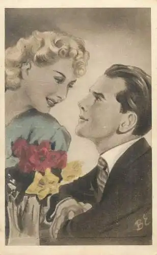 Drawn couple romantic lovers artist postcard