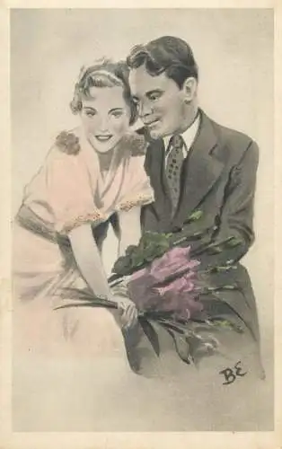Drawn couple romantic lovers artist postcard
