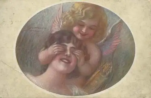 Guerzzoni signed lady & love cupid angel allegory