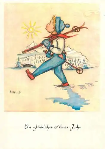 Drawn children caricature signed Arnulf Munde gemalt Postcard Ein gluckliches Neues Jahr ski types