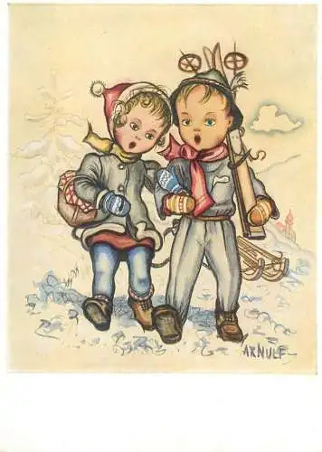 Drawn children caricature signed Arnulf Munde gemalt Postcard Winterfreude ski types and scenes