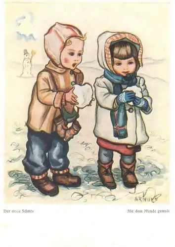 Drawn children caricature signed Arnulf Munde gemalt Postcard Der erste Schnee