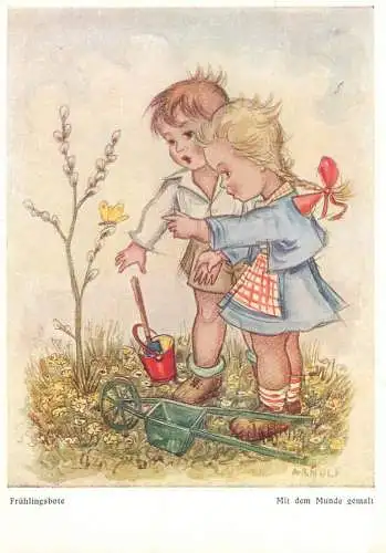 Drawn children caricature signed Arnulf Postcard Fruhlingsbote Munde gemalt