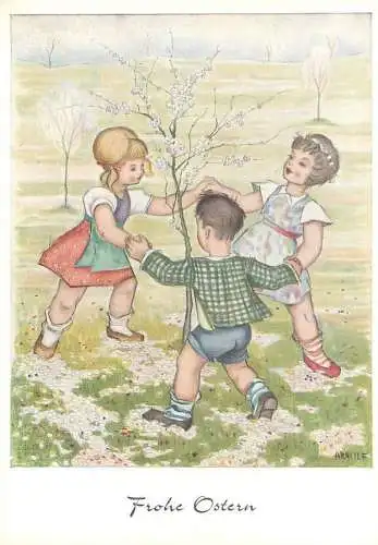 Drawn children caricature signed Arnulf Postcard Frohe Ostern Munde gemalt