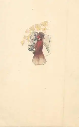 Italian artist signed drawn jockey lady & horse femme avec cheval