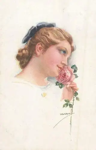 Usabal signed glamour lady portrait with rose