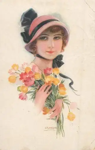 Usabal signed glamour lady portrait with tulips